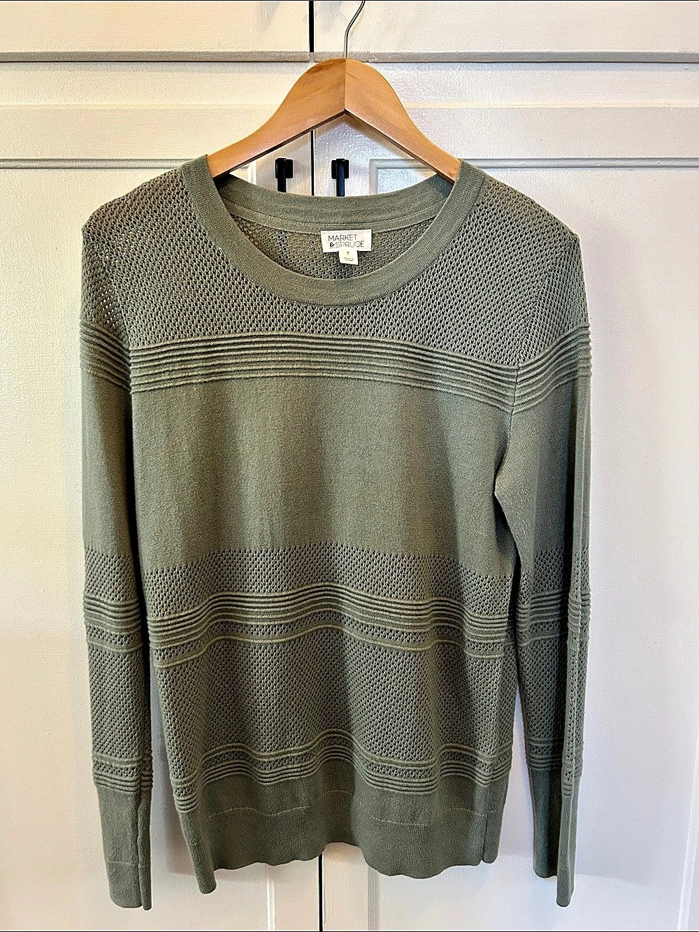 Market & Spruce Crew Neck Open Knit Sweater in Green Size Medium